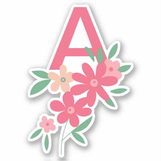 Monogram Pink Teal Dainty Illustrated Flowers Sticker (Front)
