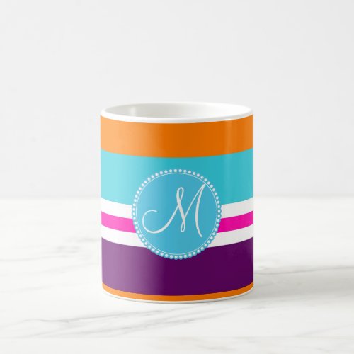 Monogram Pink Teal Orange Purple Striped Pattern Coffee Mug