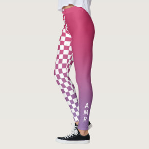 Monogram Pink to Purple Gradient Checkered Pattern Leggings
