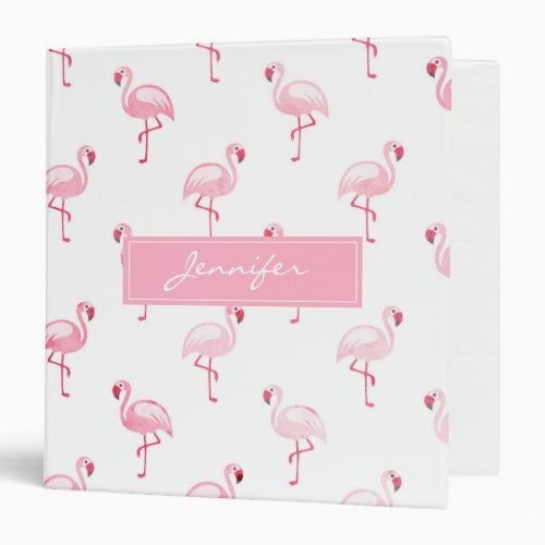 Monogram Pink Tropical Flamingo Pattern on White 3 Ring Binder