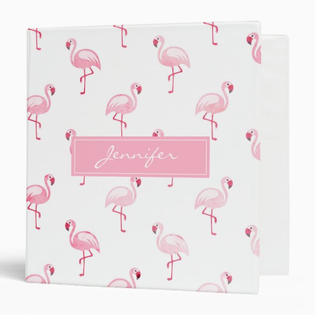 Monogram Pink Tropical Flamingo Pattern on White 3 Ring Binder (Front/Inside)
