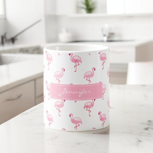 Monogram Pink Tropical Flamingo Pattern on White Coffee Mug