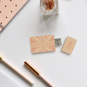 Monogram Pink UK Flag Union Jack Wood Flash Drive