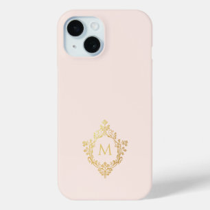 Monogram Pink Vintage Elegant Faux Gold Foil Crest iPhone 15 Case