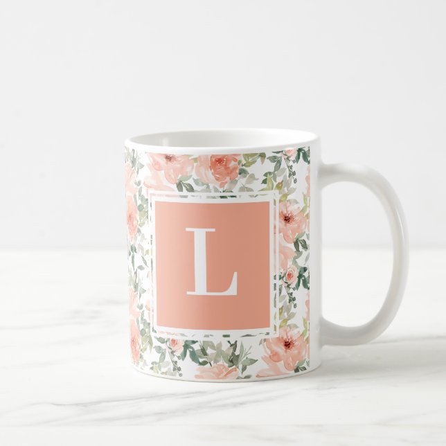 Monogram Pink Vintage Floral Rose Coffee Mug (Right)