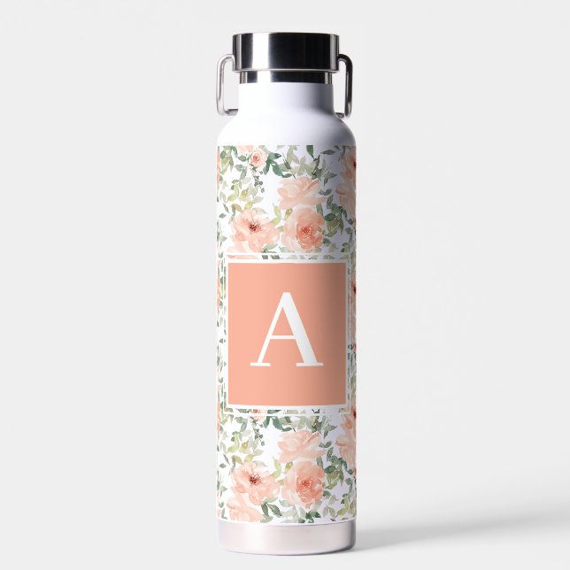 Monogram Pink Vintage Floral Rose Water Bottle (Front)