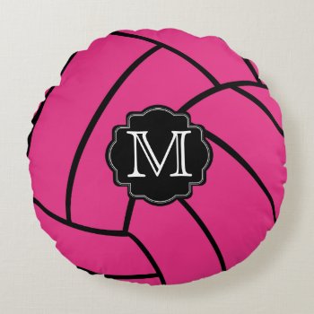 Monogram Pink Volleyball Round Throw Pillow by theburlapfrog at Zazzle