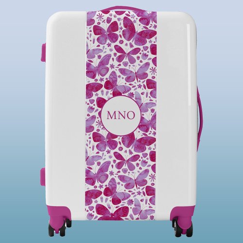 Monogram Pink Watercolor Butterfly Luggage