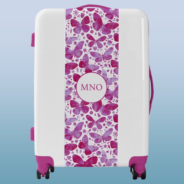 Monogram Pink Watercolor Butterfly Luggage (Watercolor hot magenta pink butterfly pattern personalized monogram initials luggage suitcase)