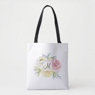 Monogram Pink Watercolor Flowers Tote Bag