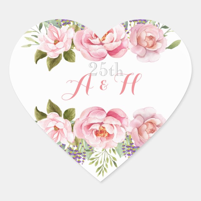 Monogram Pink Wedding Anniversary Flower Wreath Heart Sticker (Front)
