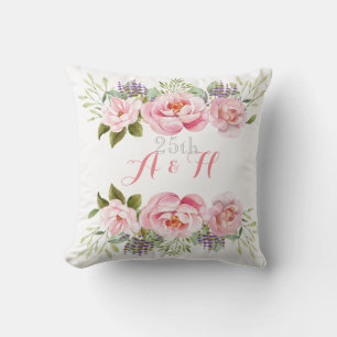 Monogram Pink Wedding Anniversary Flower Wreath  Throw Pillow