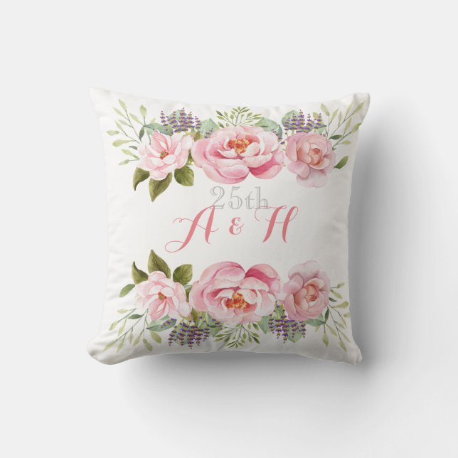 Monogram Pink Wedding Anniversary Flower Wreath  Throw Pillow (Front)
