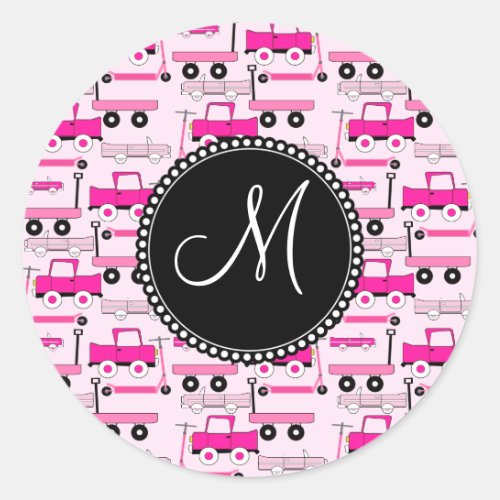 Monogram Pink Wheels Cars Trucks Scooters Wagons Classic Round Sticker