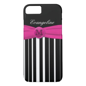 Monogram Pink White Black Striped Iphone 7 Case by NiteOwlStudio at Zazzle