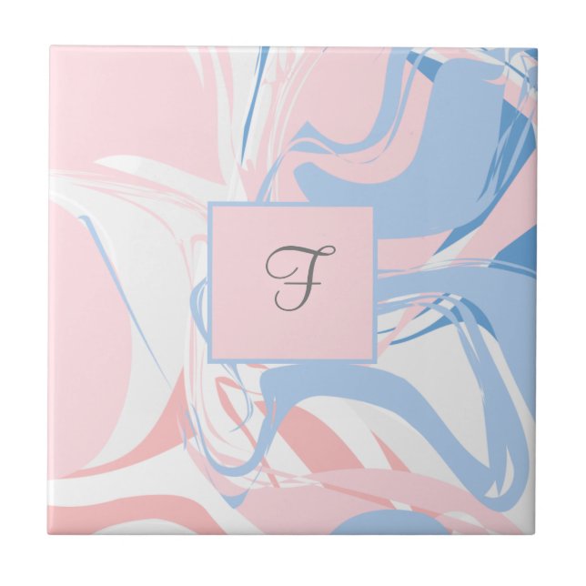 Monogram Pink White Blue Marble Swirl Abstract Ceramic Tile (Front)