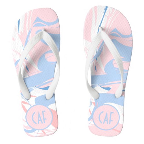 Monogram Pink White Blue Swirl Abstract Flip flops