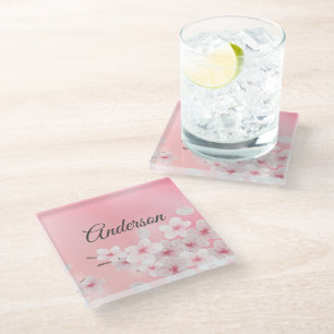 Monogram Pink White Cherry Blossom Floral Flowers Glass Coaster