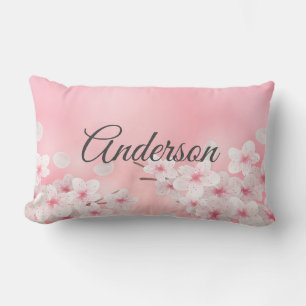 Monogram Pink White Cherry Blossom Floral Flowers Lumbar Pillow