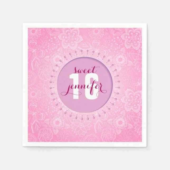 Monogram Pink & White Flowers And Butterflies Lace Napkins (Front)
