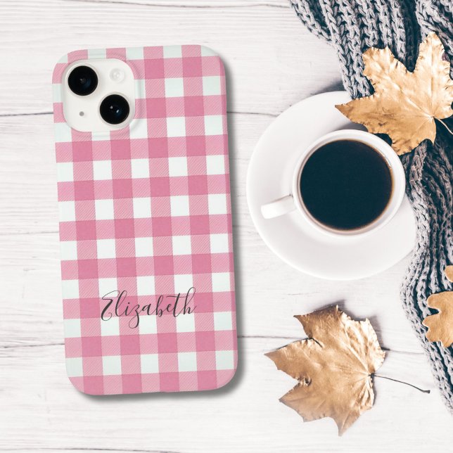 Monogram Pink White Gingham Buffalo Plaid Check Case-Mate iPhone Case (Pink White Gingham Plaid Monogrammed Name iPhone case)