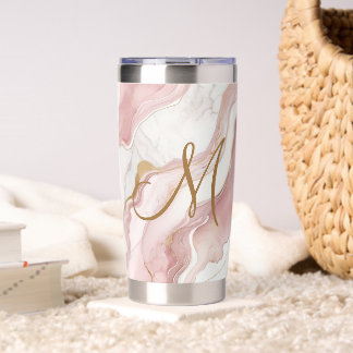 Monogram Pink White Gold Swirl Marble Gift Her Insulated Tumbler