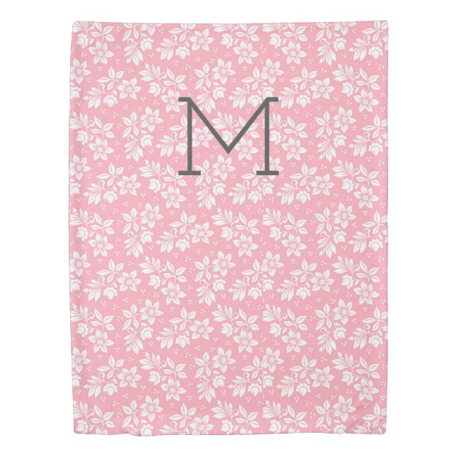 Monogram Pink White Gray Floral Bedspread Duvet  (Front)