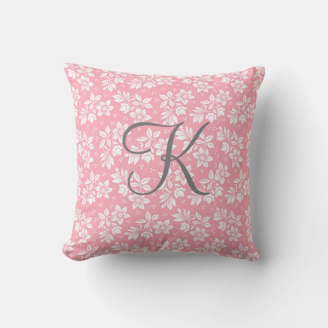 Monogram Pink White Gray Floral Botanical Throw Pillow (Front)