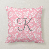 Monogram Pink White Gray Floral Botanical Throw Pillow