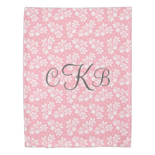 Monogram Pink White Gray Floral Script Calligraphy Duvet Cover