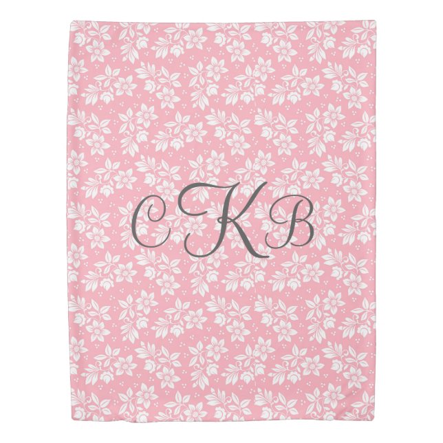 Monogram Pink White Gray Floral Script Calligraphy Duvet Cover (Front)