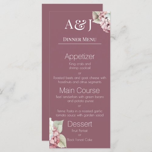 Monogram Pink  White Hydrangea Flowers on Blush Menu