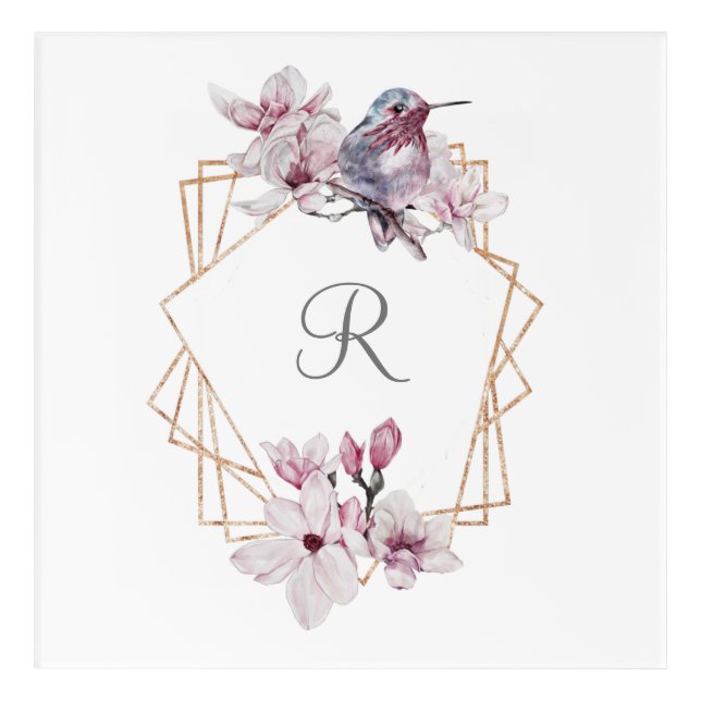 Monogram Pink White Magnolias Bird Gold Frame  Acrylic Print (Front)