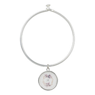 Monogram Pink White Magnolias Bird Gold Frame  Bangle Bracelet