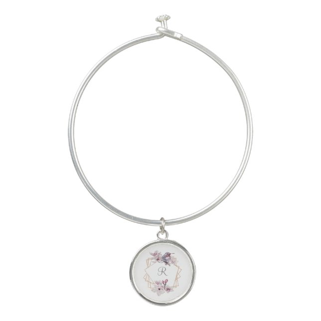 Monogram Pink White Magnolias Bird Gold Frame  Bangle Bracelet (Front)