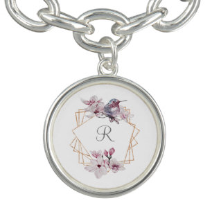 Monogram Pink White Magnolias Bird Gold Frame  Bracelet