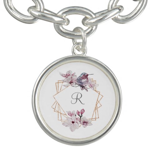 Monogram Pink White Magnolias Bird Gold Frame  Bracelet