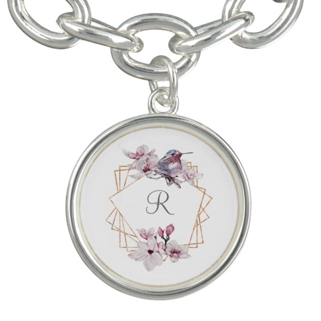 Monogram Pink White Magnolias Bird Gold Frame  Bracelet (Design)