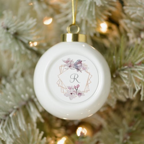 Monogram Pink White Magnolias Bird Gold Frame Cera Ceramic Ball Christmas Ornament