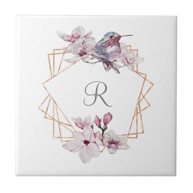Monogram Pink White Magnolias Bird Gold Frame  Ceramic Tile (Front)