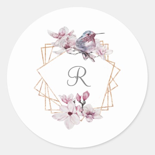 Monogram Pink White Magnolias Bird Gold Frame  Classic Round Sticker