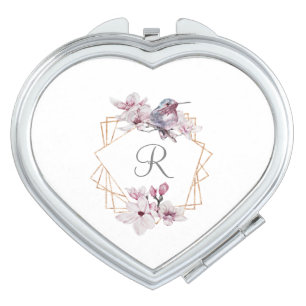 Monogram Pink White Magnolias Bird Gold Frame  Compact Mirror