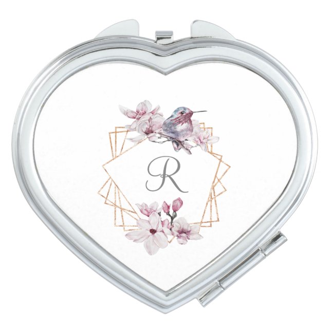 Monogram Pink White Magnolias Bird Gold Frame  Compact Mirror (Front)