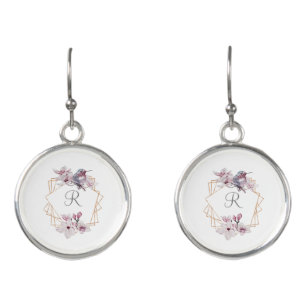 Monogram Pink White Magnolias Bird Gold Frame Earrings
