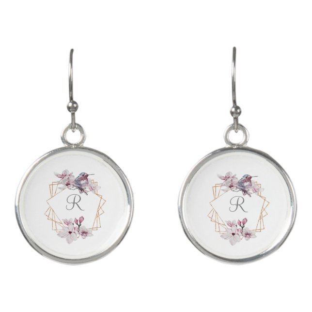 Monogram Pink White Magnolias Bird Gold Frame  Earrings (Front)