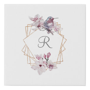 Monogram Pink White Magnolias Bird Gold Frame  Faux Canvas Print