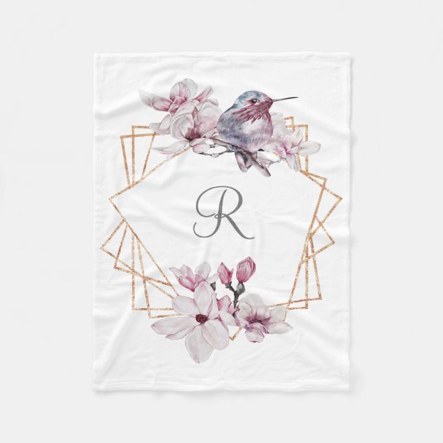 Monogram Pink White Magnolias Bird Gold Frame  Fleece Blanket (Front)