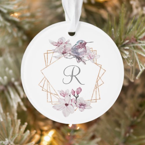 Monogram Pink White Magnolias Bird Gold Frame  Ornament