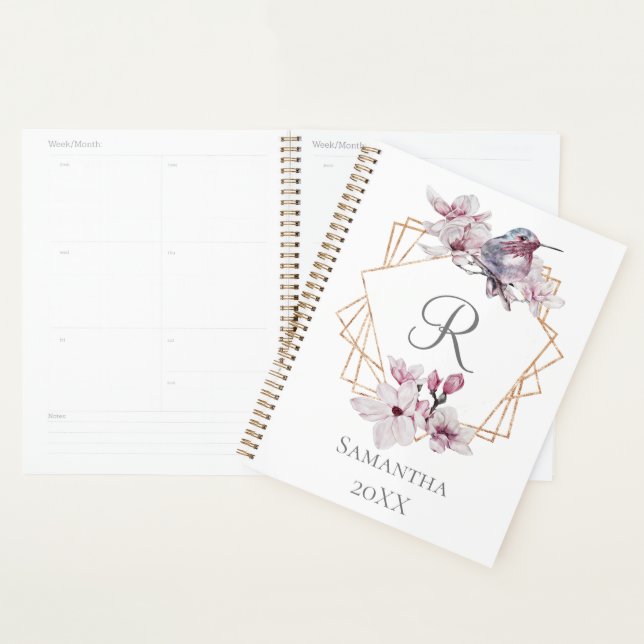 Monogram Pink White Magnolias Bird Gold Frame  Planner (Display)