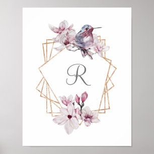 Monogram Pink White Magnolias Bird Gold Frame  Poster